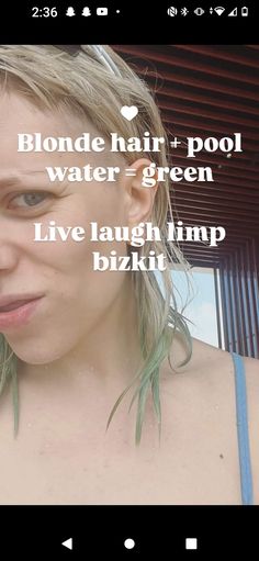 a woman with blonde hair and pool water - green live laugh bizzfit