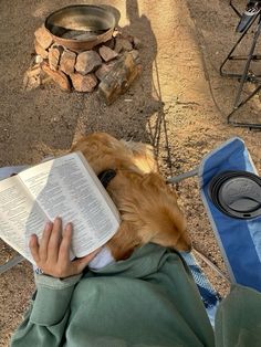 a person reading a book with a dog sitting next to them on the ground near a fire pit