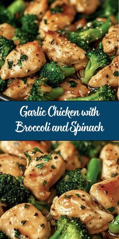 chicken with broccoli and spinach in a skillet