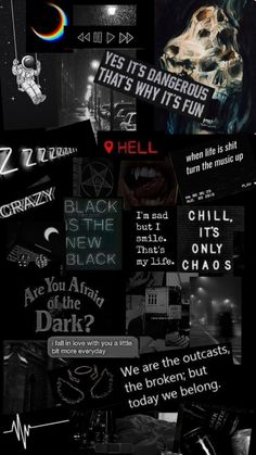 a collage of black and white images with words on them, including an image of a