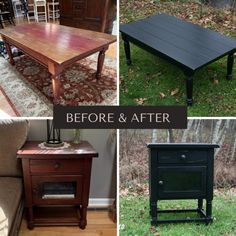 before and after photos of an old coffee table with new paint on the top, then painted black