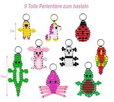 six different types of beaded keychains in various colors and sizes, each with an