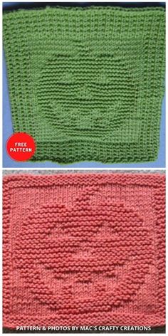 two knitted afghans, one green and the other pink