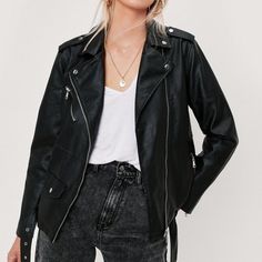 Nasty Gal Faux Leather Jacket -Belted Biker Jacket -Like Brand New!! -Size 1 Fall Faux Leather Biker Jacket With Pockets, Spring Faux Leather Biker Jacket With Pockets, Faux Leather Biker Jacket For Fall, Spring Biker Faux Leather Outerwear, Faux Leather Jacket, Faux Leather Jackets, Biker Jacket, Size 2, Faux Leather