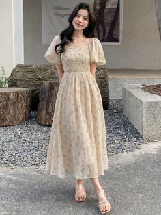 Beige Boho Collar Short Sleeve Woven Fabric Floral,All Over Print A Line Embellished Non-Stretch  Women Clothing فستان زهري, Simple Frocks, Frock For Women, Modest Dresses Casual, Modest Clothing, Frock Design, Modest Fashion Outfits, Puffed Sleeves Dress, Women Long Dresses