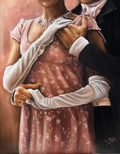 an oil painting of two people dressed in old fashion clothing and holding each other's hands