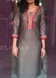 Jute Finished Silk Cotton With Kalamkari-Code:2309150 Price INR:790/- All sizes available. Free shipping to all courier destinations in India. Online payment through PayUMoney / PayPal Grey Kurti, Stylish Kurtis Design, Churidar Designs, Kurta Style, Simple Kurti Designs, Neck Designs For Suits