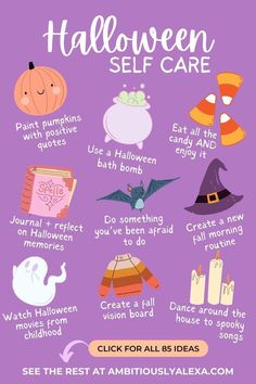 What To Do On Halloween At Home, Spooky Self Care, Halloween Skin Care, Halloween Adult Party Ideas, Self Care Bulletin Board, Coping Journal, What To Do On Halloween, Halloween Routine