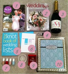 the contents of a wedding guest book laid out on top of a table next to a bottle of wine