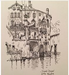 a drawing of an old building in the water