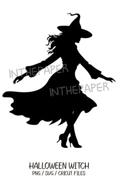 a black and white silhouette of a witch flying through the air with her arms outstretched