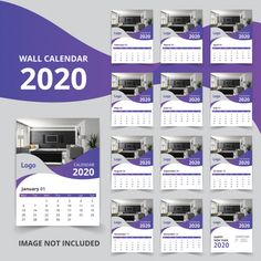 a set of six wall calendars with purple and white designs