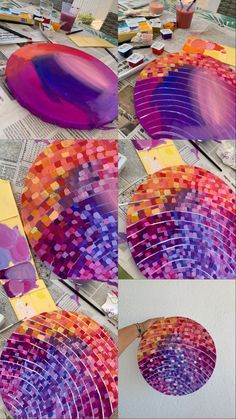 several pictures of different colored paper plates on a table with paintbrushes in them