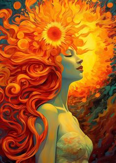 a painting of a woman with red hair and sun above her head, looking up at the sky