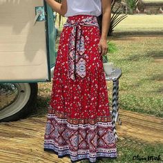 Olivia Mark - Floral Print Casual Swing Skirt with Wide Hem, Bow Tie and Loose Pleats Check Print Skirt, Long Plaid Skirt, Long Chiffon Skirt, Long Skirt Casual, Style Bleu, Vintage Maxi Skirt, Printed Long Skirt, Boho Styl, Maxi Skirt Style