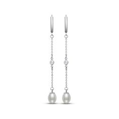 Make an elegant statement in these gorgeous earrings, featuring a freshwater cultured pearl drop suspended from a sterling silver chain. A bezel-set white lab-created sapphire adds a touch of sparkle. The earrings secure with lever backs. Sterling Silver Pearl Chain Earrings For Anniversary, White Gold Sterling Silver Earrings With Pearl Chain, Anniversary White Gold Pearl Chain Earrings, Elegant Silver Briolette Pearl Earrings, Classic Long Drop Sterling Silver Pearl Earrings, Silver Dangle Linear Earrings With Pearl Chain, Elegant Silver Briolette Earrings, Classic Silver Linear Earrings With Pearl Drop, Elegant Silver Linear Earrings With Pearl Charm