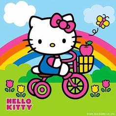 hello kitty riding a bike with an apple on the handlebars in front of a rainbow