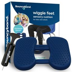 an image of a blue foot rester in front of a box with the words wiggle feet on it