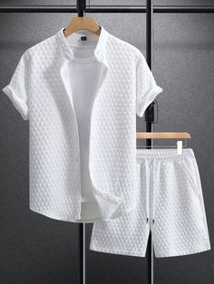 Men Short Sleeve Textured Shirt And Shorts Set, Summer White Casual    Plain  Slight Stretch  Men Clothing, size features are:Bust: ,Length: ,Sleeve Length: Shein Outfit For Men, Latest Jalabia Styles For Men, Guys Fashion Casual Summer, Shein Outfits For Men, White Clothes Men, Man Clothes Style, Mens Wear Casual, Casual Clothes For Boys, White Outfit Men