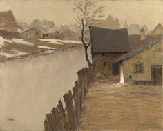 a painting of a house next to a body of water with snow on the ground