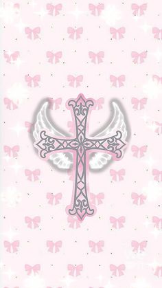 a pink cross with white wings on a pink and white wallpaper background that has butterflies all over it