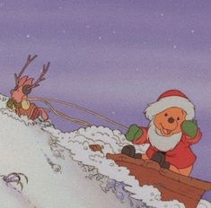 an animated christmas scene with santa claus and reindeers in the snow on a sleigh