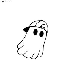 a black and white drawing of a ghost wearing a baseball cap with eyes drawn on it