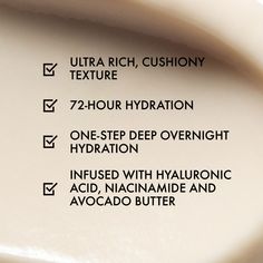 Same Formula, New Look! Vegan (Free-of animal derived ingredients)What It Is: This ultra-moisturizing overnight avocado face mask instantly delivers 72-hour hydration and keeps skin-even hands-soft and smooth. What It Does: Infused with Hyaluronic Acid and Avocado Butter, this overnight sleeping mask drenches thirsty skin with 72 hours of non-stop hydration. Skin awakens with a dewy radiance. Bonus: it can be used on dry hands as a moisturizing hand mask. We Formulate Without:1,500+ ingredients Overnight Face Mask, Avocado Face Mask, Mask For Dry Skin, Hydrating Face Mask, Avocado Butter, Hand Mask, Spa Night, Clear Pores, Overnight Mask