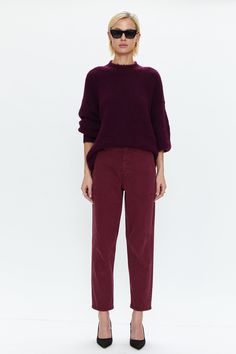 Burgundy Trousers Outfit, Maroon Shirt Outfit, Wide Leg Pants Outfit Work, Burgundy Pants Outfit, Burgundy Trousers, Pants Outfit Work, Aubergine Color, Maroon Pants, Pleather Pants