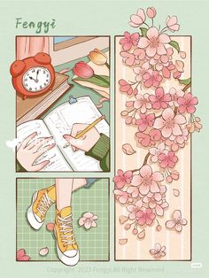 an image of a woman writing in her notebook with flowers on the table and a clock