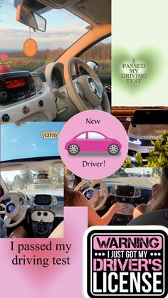 the inside of a car that is pink and has pictures on it with different types of drivers