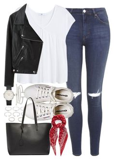 Polera y zapatillas blancas, jeans azul, chaqueta y cartera negra, pañuelo rojo. Mode Rockabilly, Clothing Blogs, Uni Outfits, Leather Jacket Outfits, Henri Bendel, Ladies Dress Design, Polyvore Outfits, College Outfits, Outfits Casuales