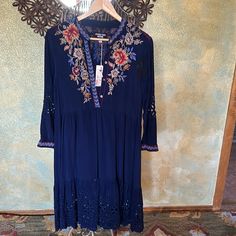 Gorgeous Navy Blue Dress Nwt Never Worn Dress Gorgeous Embroidery Front And Back S Pit To Pit 19” Length 38” Slip Is Not Included Blue Embroidered Dress For Fall, Blue Embroidered Fall Dress, Blue Floral Embroidered V-neck Midi Dress, Blue Midi Dress With Floral Embroidery And V-neck, Blue V-neck Midi Dress With Floral Embroidery, Blue Long Sleeve Midi Dress With Floral Embroidery, Blue Bohemian Midi Dress With Floral Embroidery, Bohemian Blue Midi Dress With Floral Embroidery, Blue Bohemian Embroidered Midi Dress