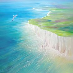 an oil painting of a beach with white cliffs and seagulls flying over the water