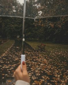 a person holding an umbrella over their head while standing on a path in the rain