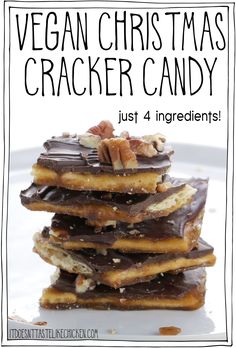 a stack of vegan christmas cracker candy with text overlay that reads, vegan christmas cracker candy just 4 ingredients