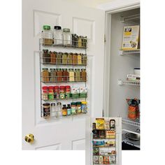 the pantry door is open to show spices and condiments