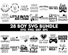 the 28 boy svg bundle is shown in black and white with different font styles