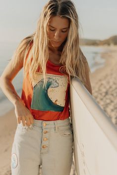 Riding A Wave Tank – Average Hippie Summer Hippie Cotton Tank Top, Retro Screen Print Tank Top For Summer, Spring Beach Hippie Tank Top, Retro Fitted Cotton Tank Top, Hippie Cotton Tank Top, Thrifted Outfits, Painted Clothes, Refashion Clothes, Outfit Goals