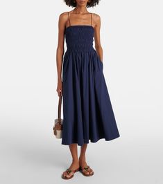 Smocked cotton midi dress in blue - Polo Ralph Lauren | Mytheresa Spring Cotton Smocked Ruched Dress, Spring Cotton Smocked Dress With Ruched Detail, Chic Cotton Smock Dress, Casual Cotton Dress With Smocked Back, Casual Cotton Midi Dress With Smocked Back, Chic Cotton Midi Dress For Daywear, Elegant Cotton Smocked Dress, Elegant Cotton Smocked Midi Dress, Summer Smocked Ruched Cotton Dress