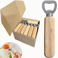 a wooden bottle opener next to a cardboard box with wine corks and an orange flower