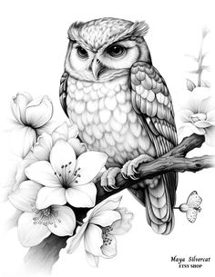 an owl is sitting on a branch with flowers