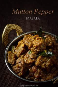 mutton pepper masala in a metal bowl on a brown background with the words mutton pepper masala above it