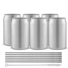 a set of six stainless steel beer cans with screws and pins on a white background