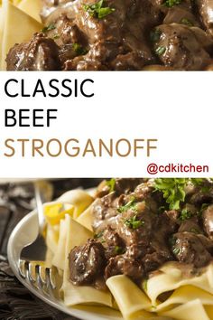 the cover of classic beef stroganooffe is shown in two separate images