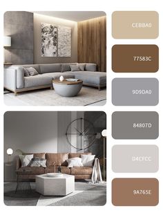 the living room is decorated in neutrals, browns and whites with modern touches to it