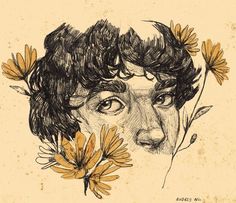 a drawing of a boy with flowers in his hair