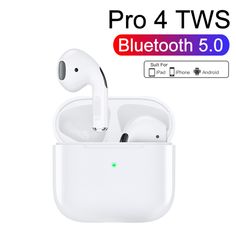 an apple airpods with the bluetooth 5 0 logo in front of it and text that reads, pro 4 tws