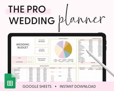 the pro wedding planner is displayed on a tablet with a pen and paper next to it