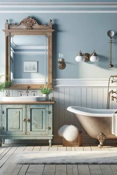 a bathroom with a claw foot bathtub, sink and mirror